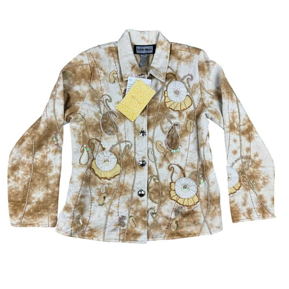 Indigo Moon Jacket Women's Small Brown Jacquard Paisley Floral Art Shoulder Pads